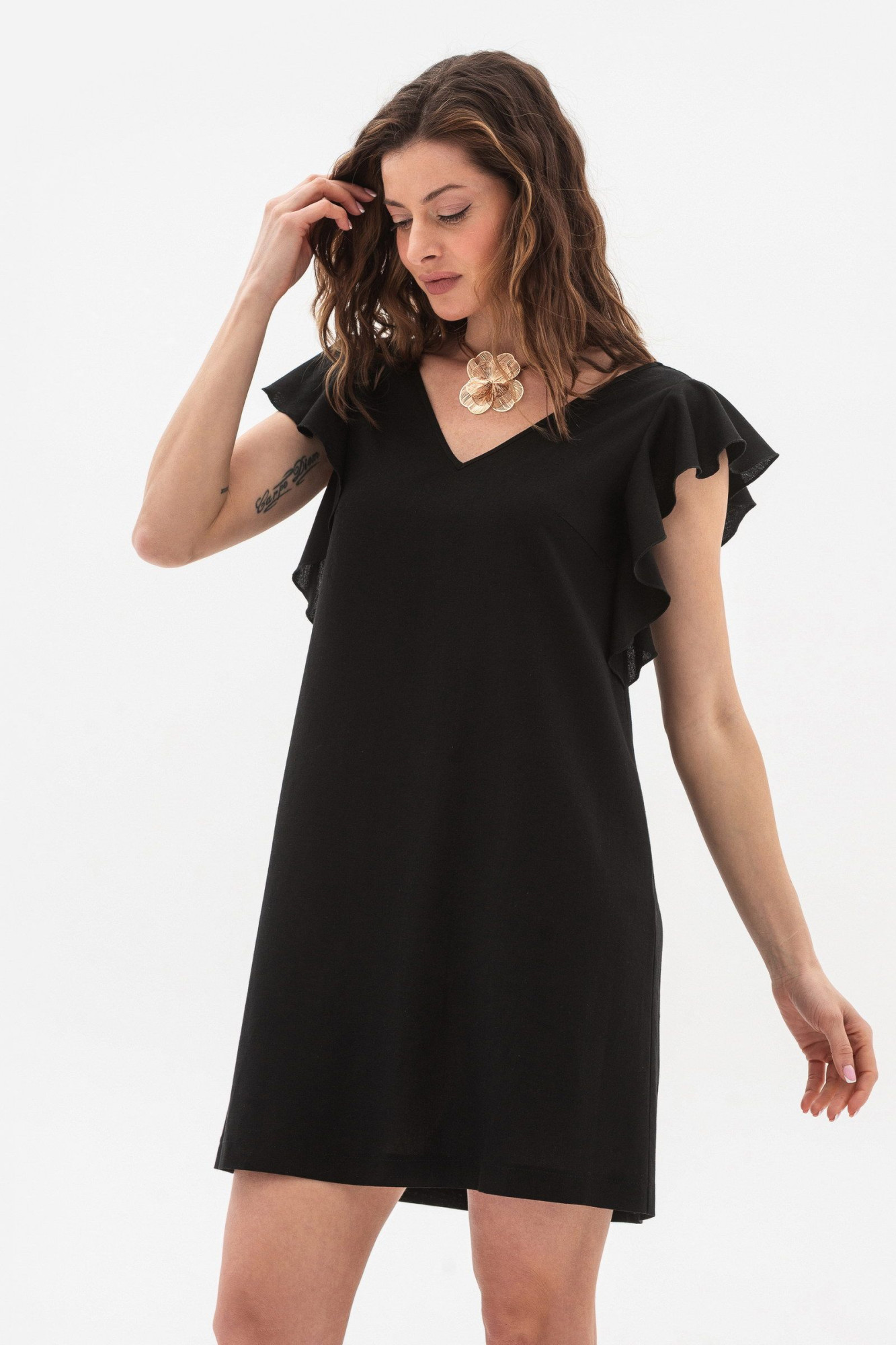 Лляна мінісукня вільного силуету чорного кольору Ворета