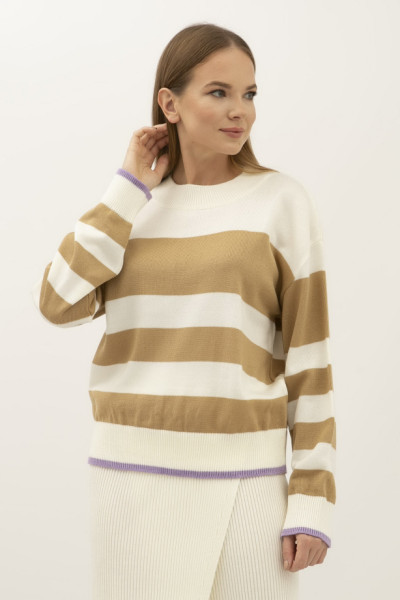 Жіночий джемпер трикотажний бежевий у широку смужку 23207300