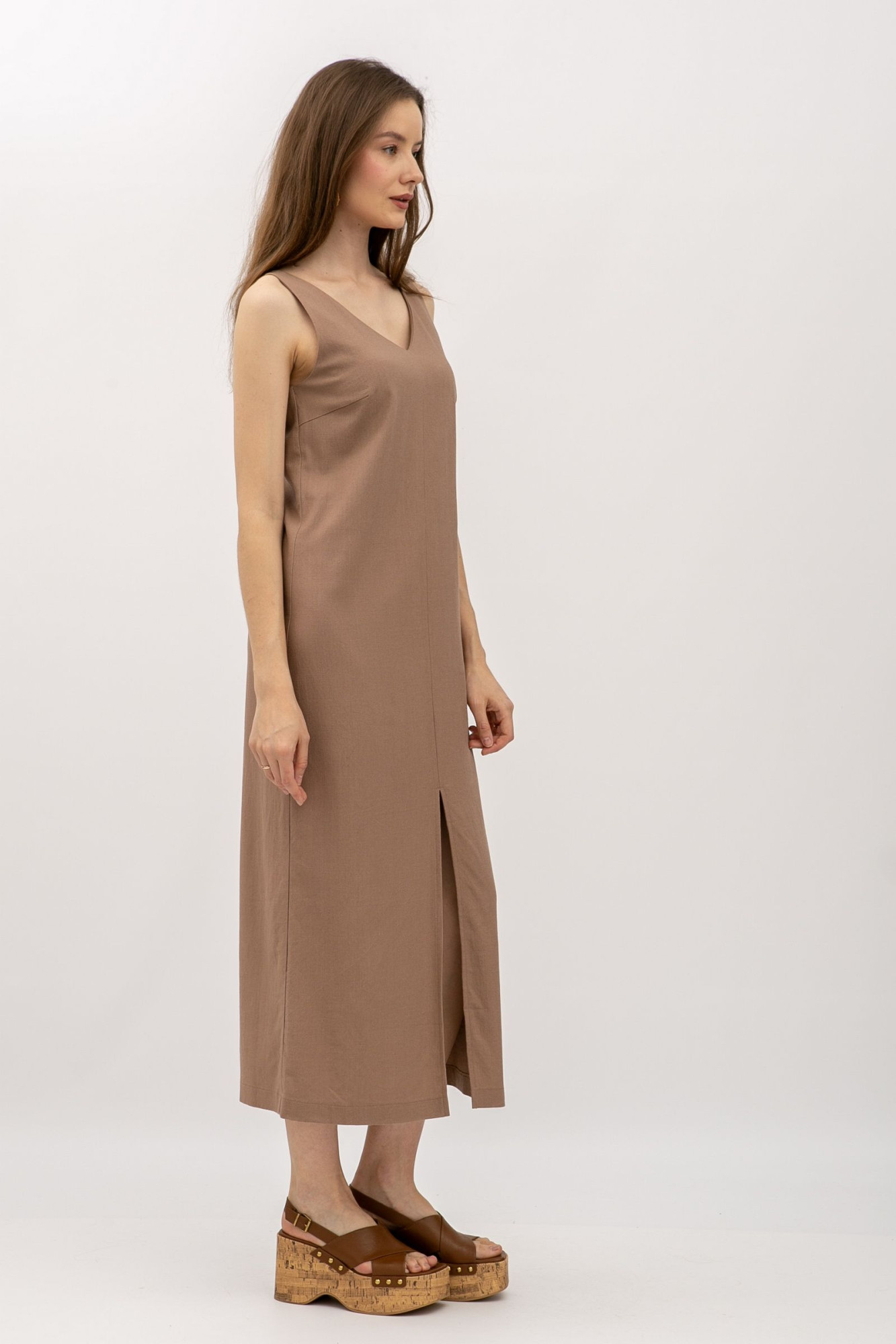 Лляний сарафан довжини міді кольору капучино Фарлі 07