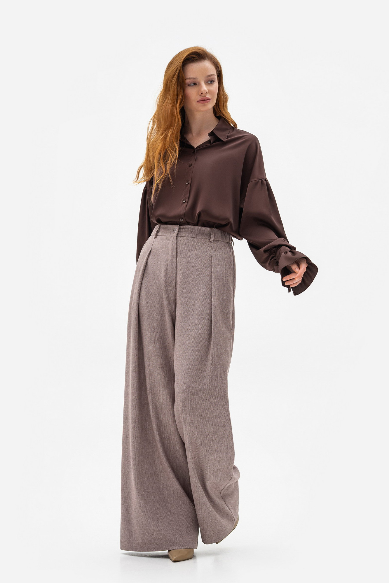 Шовкова блуза коричнева з коміром Лейра