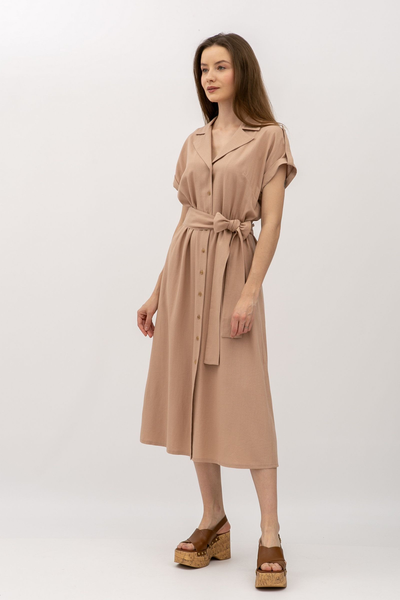Лляна сукня довжини міді бежевого  кольору Візара 01