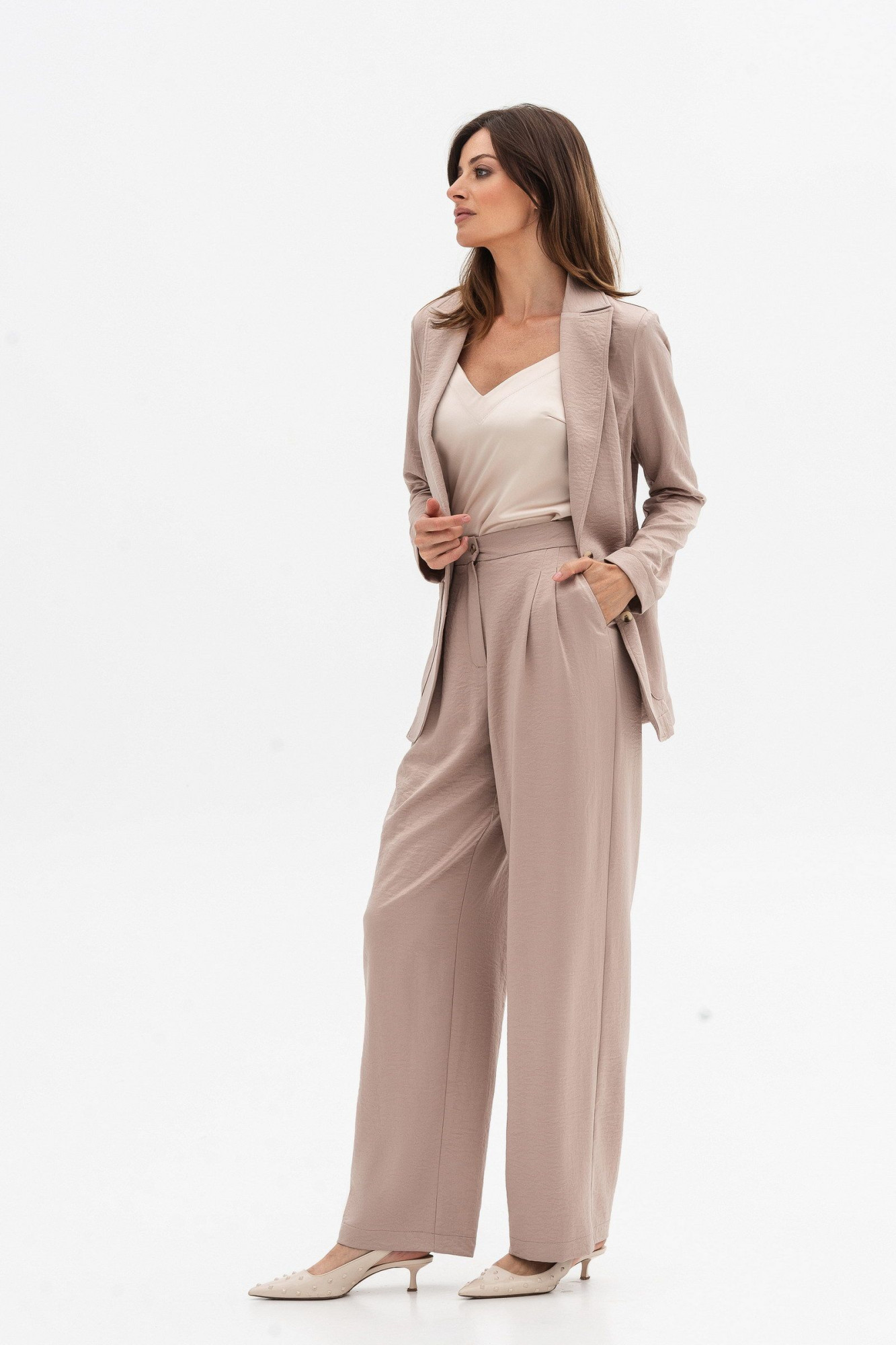 Штани шовкові палаццо з високою посадкою бежевого кольору Віград 32