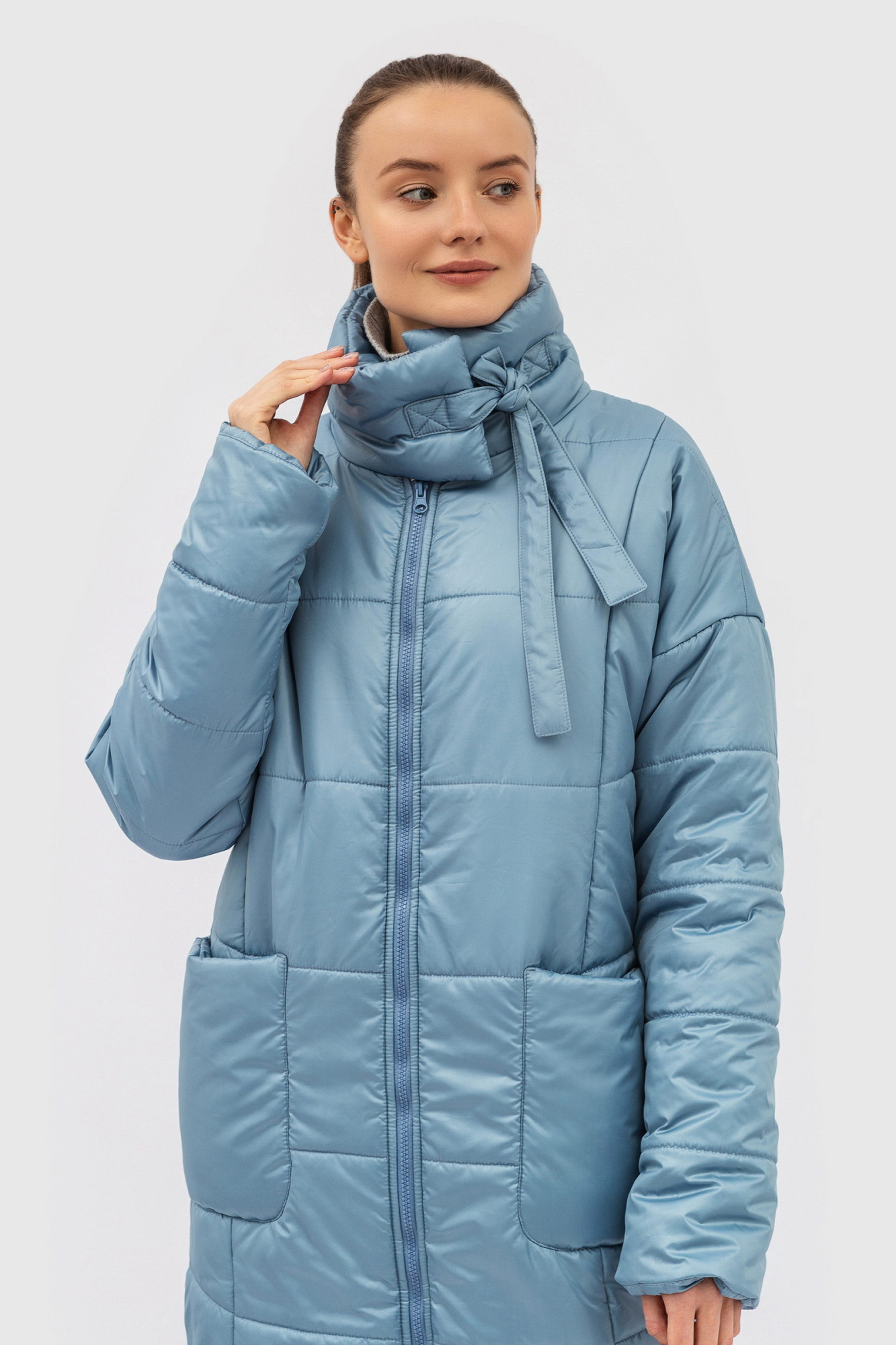 Осіннє зимове пальто блакитне зі стьобаної тканини з комірцем стійкою Ладре 01