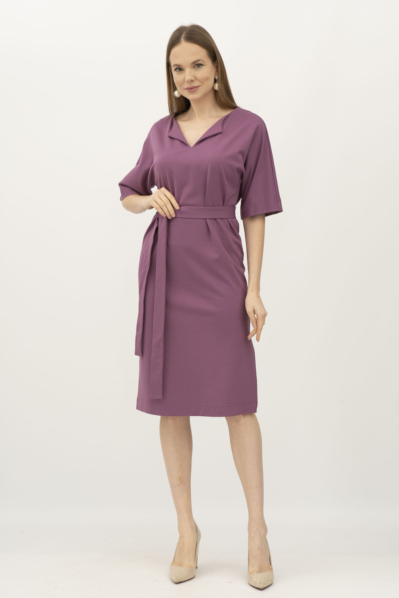 Сукня бузкова з еластичної тканини прямого силуету Нурін 01