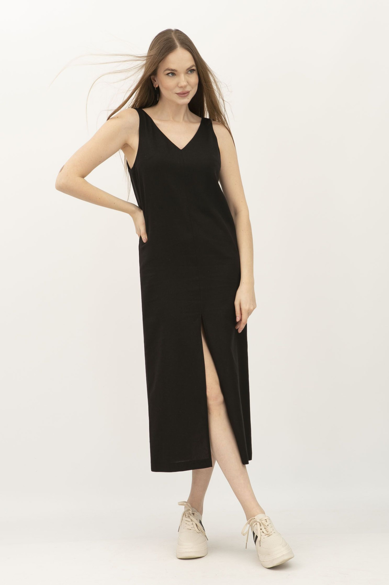 Лляний сарафан довжини міді чорного кольору Фарлі 08