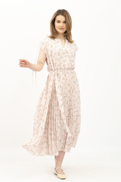 Сукня міді пудрова з квітковим принтом та спідницею плісе Тезі