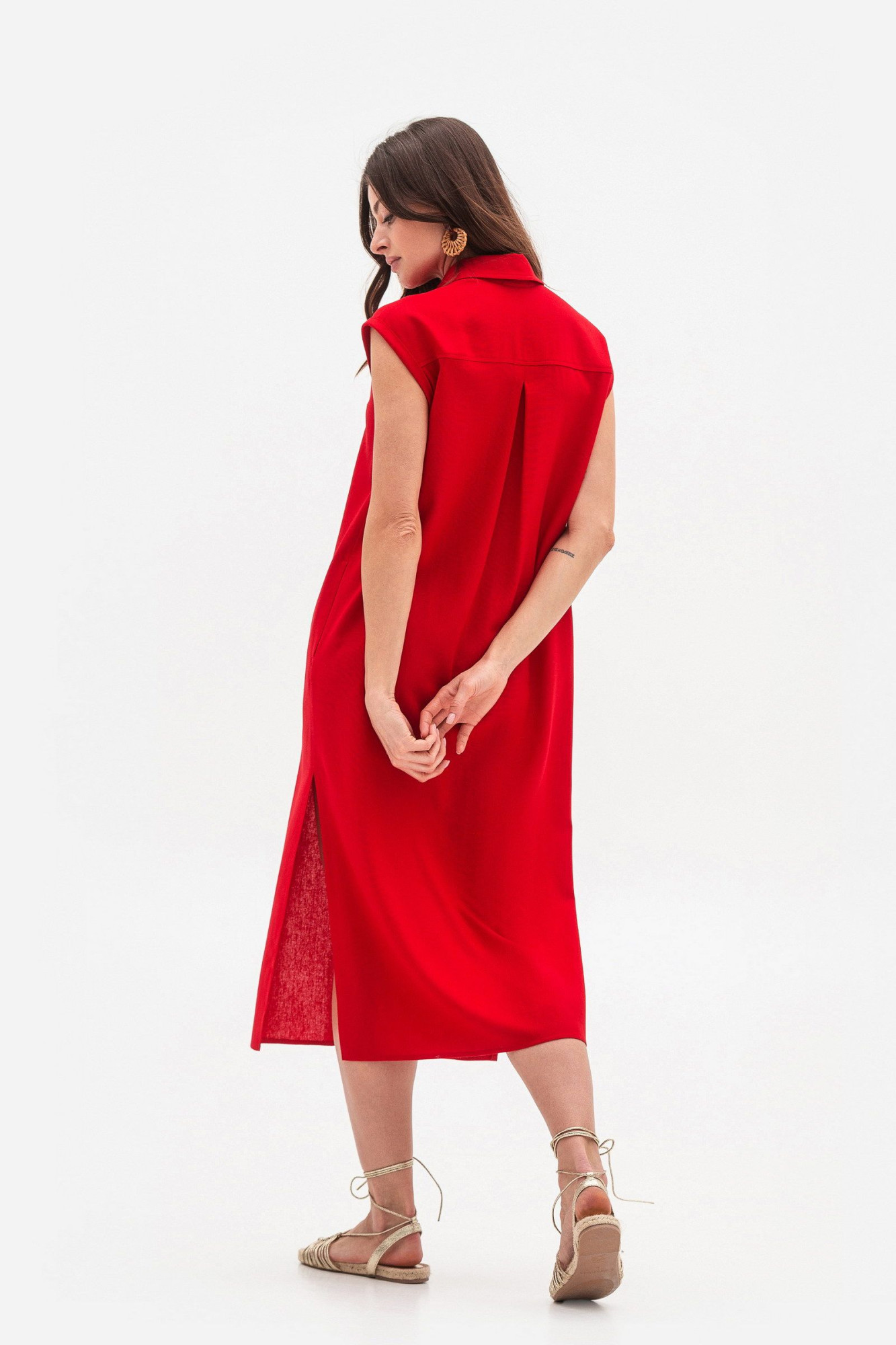 Сукня з льону довжини міді червоного кольору Оріса