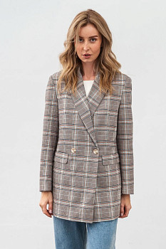Жакет двобортний подовжений в клітинку сірий Лім 01