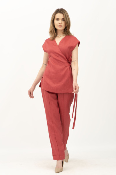 Жіночий костюм з льону жилет та брюки червоний Топал