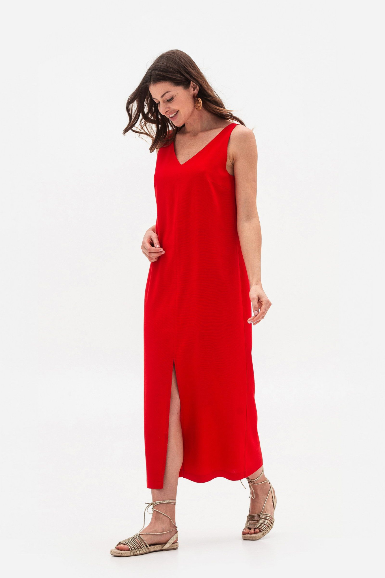 Лляний сарафан довжини міді червоного кольору Фарлі 06