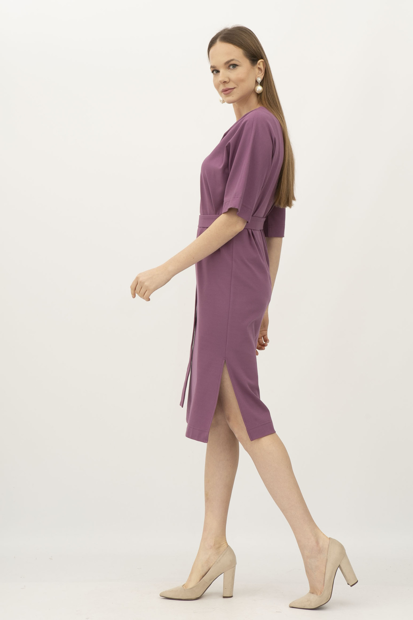 Сукня бузкова з еластичної тканини прямого силуету Нурін 01