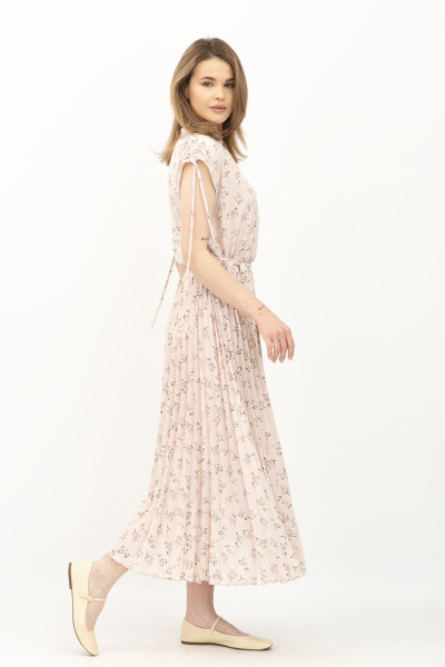 Сукня міді пудрова з квітковим принтом та спідницею плісе Тезі