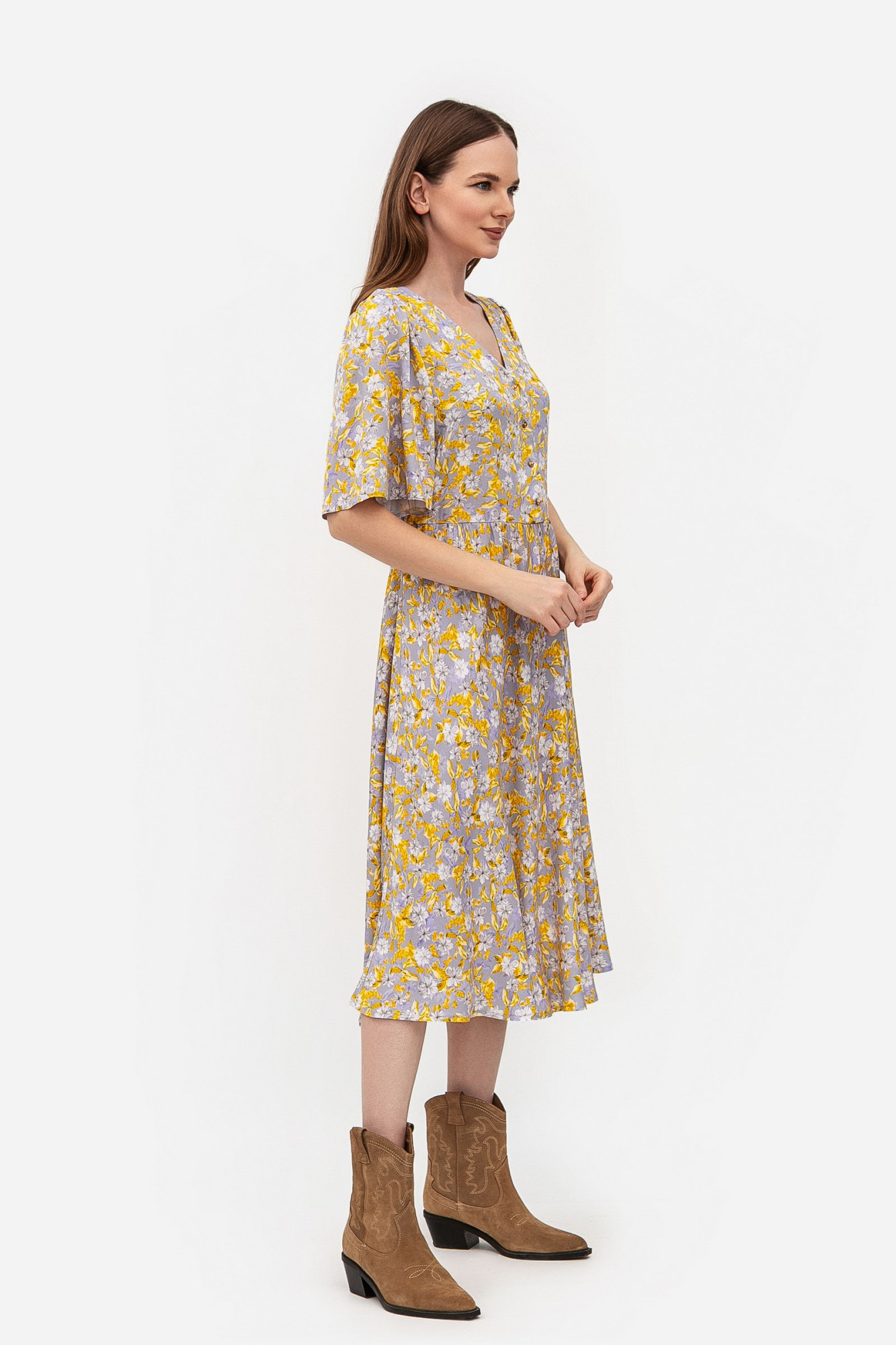 Сукня зі штапелю напівприталеного силуету сірого кольору Ортія 01