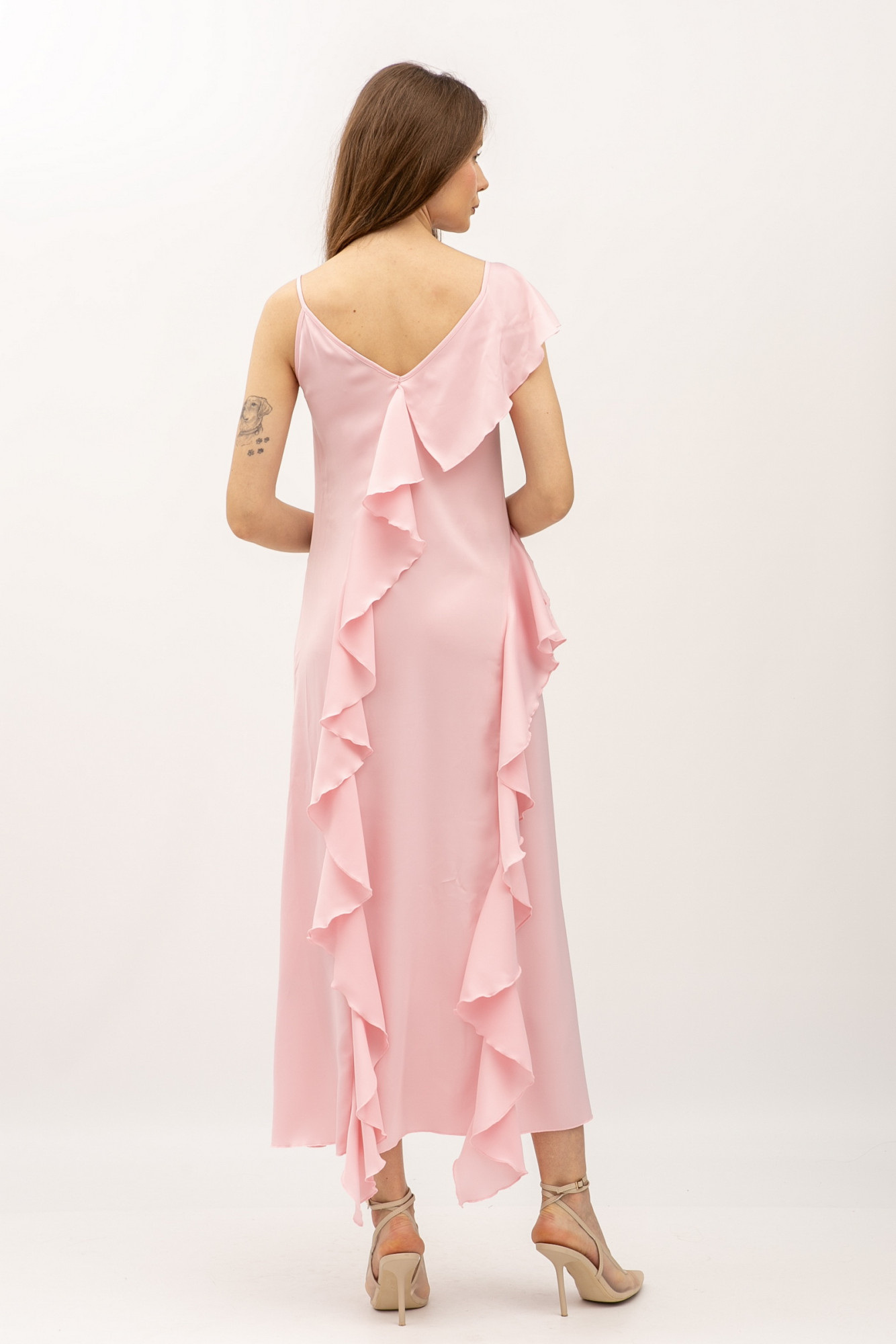 Шифонова сукня напівприталеного силуету довжини міді рожевого кольору Мірелі 03