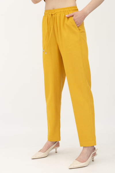 Жіночі літні штани з льону вільного силуету гірчичного кольору Бронд 06