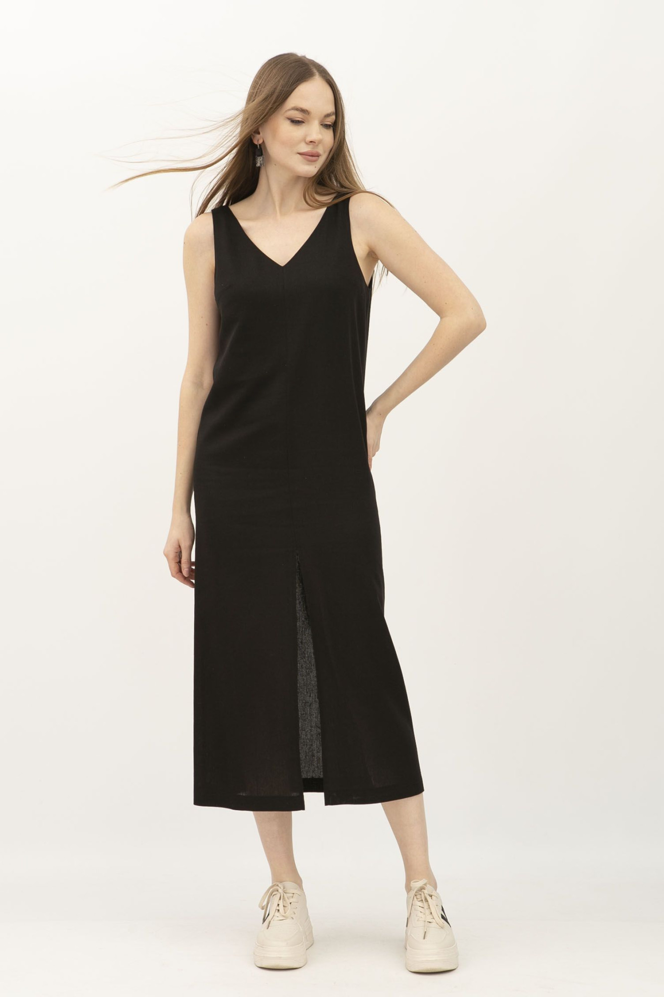 Лляний сарафан довжини міді чорного кольору Фарлі 08