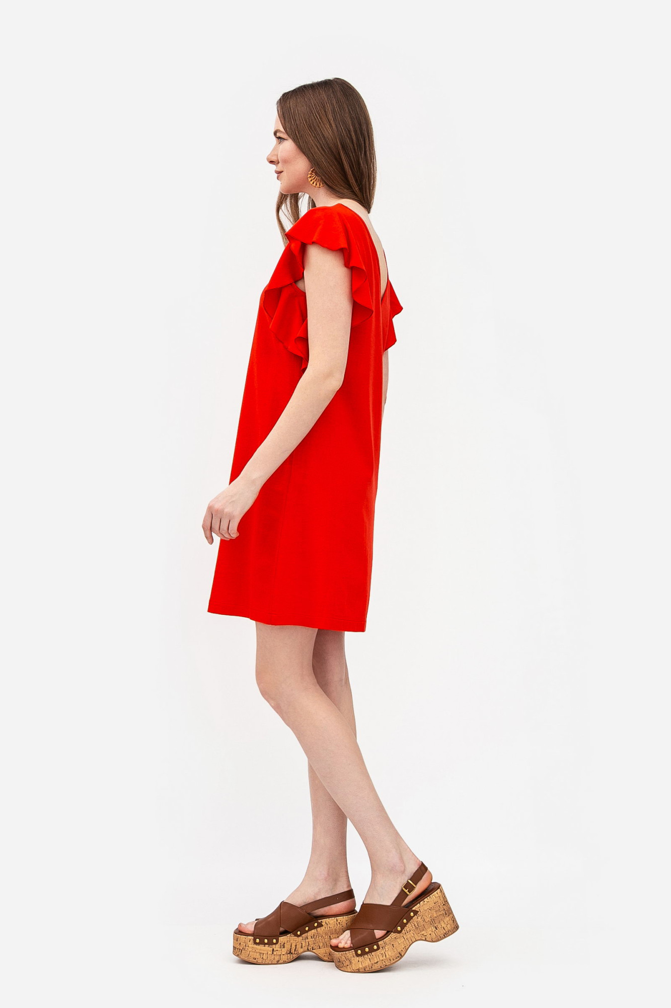 Лляна мінісукня вільного силуету коралового кольору Ворета 02