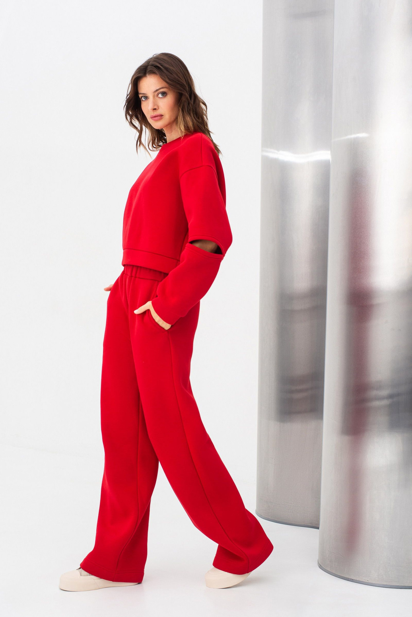 Червоні штани з трикотажу вільного силуету Жалін