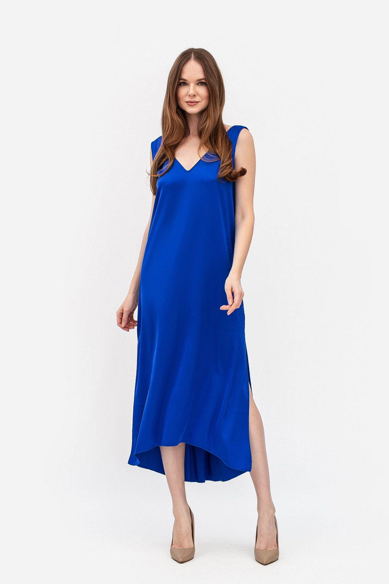 Сукня максі синього кольору з шифону вільного силуету Нєжин 02