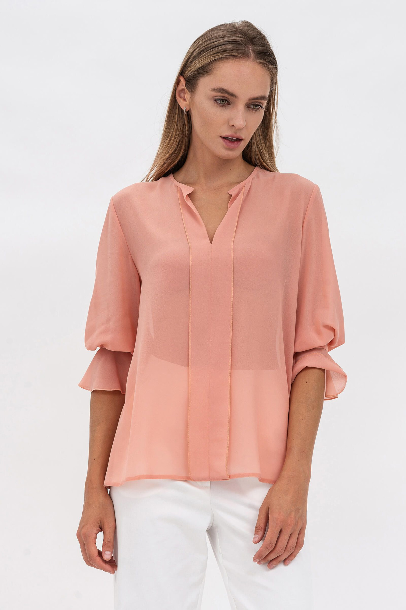 Романтична жіноча блуза кольору пудри з шифону Ксімен 01