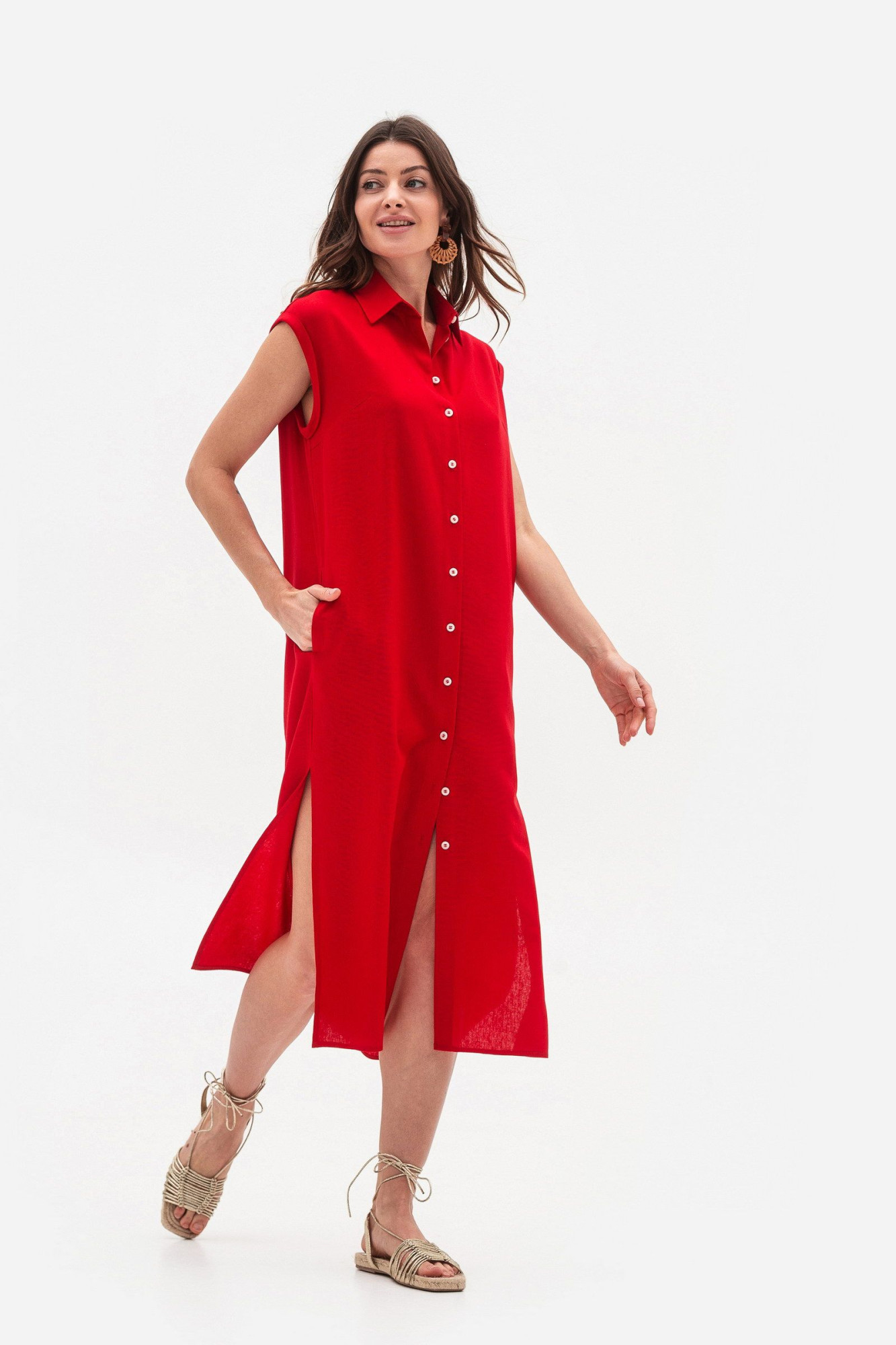 Сукня з льону довжини міді червоного кольору Оріса