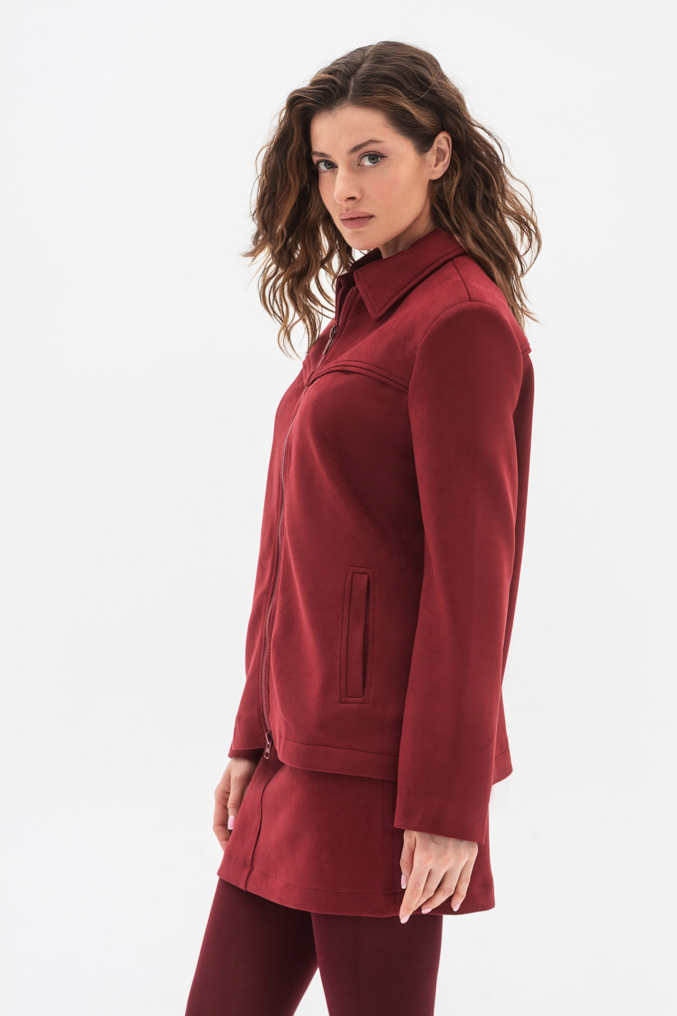 Бомбер з екошкіри жакетного типу бордового кольору Стелія 02