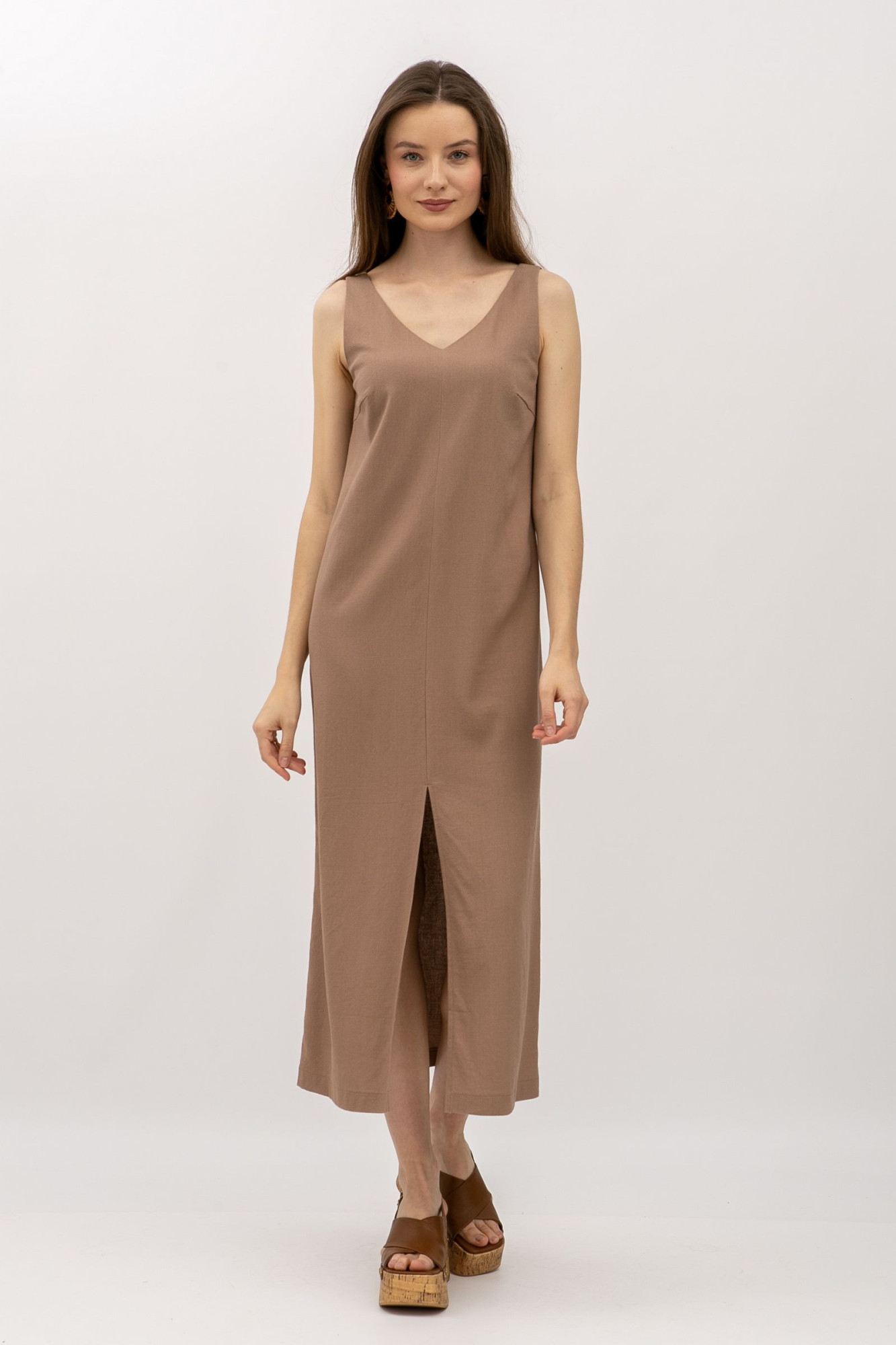 Лляний сарафан довжини міді кольору капучино Фарлі 07