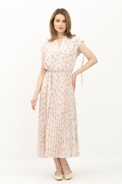 Сукня міді пудрова з квітковим принтом та спідницею плісе Тезі