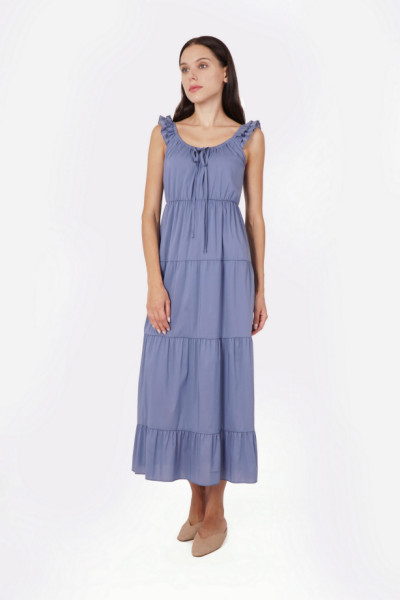 Літня бавовняна сукня міді синя з відкритими плечами Едрік