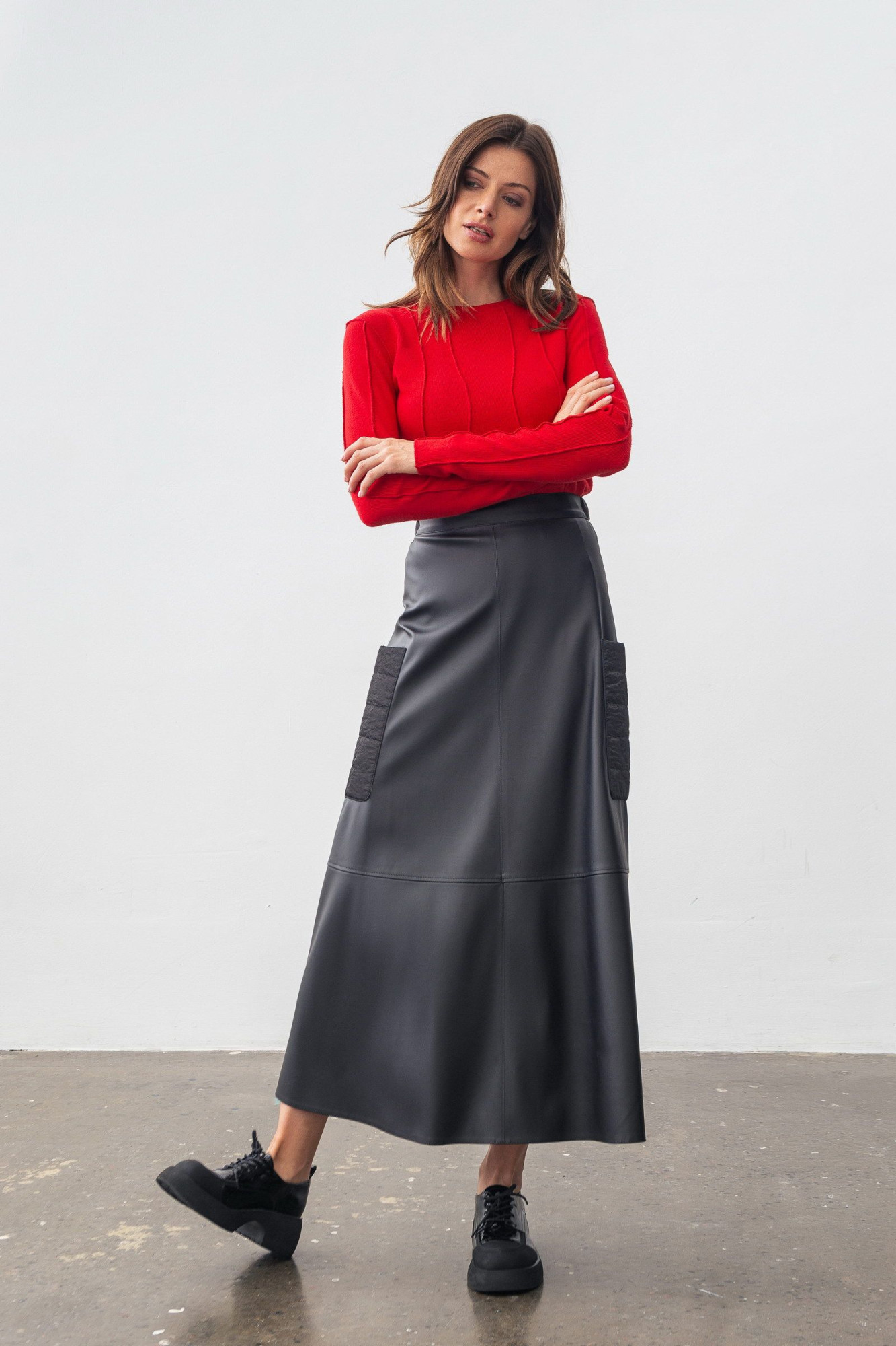 Спідниця з еко шкіри чорна силуету-трапеція Філора