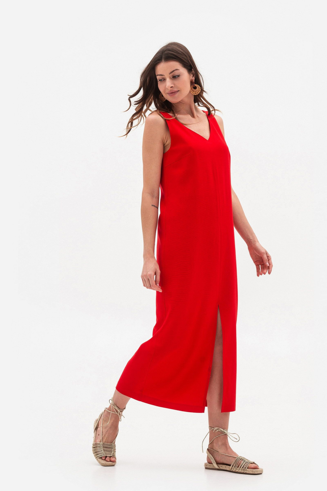 Лляний сарафан довжини міді червоного кольору Фарлі 06