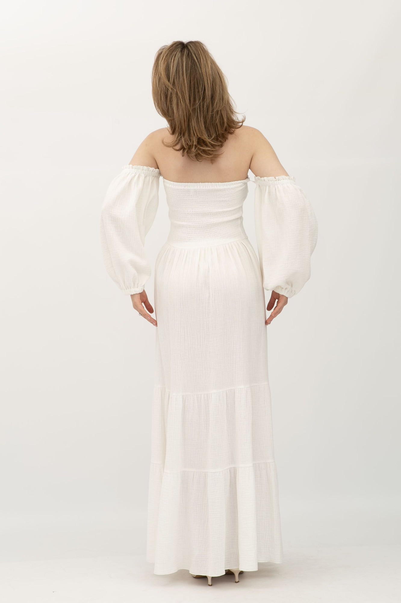 Сукня максі в молочна з корсетною частиною з нитки-резинки Тобі