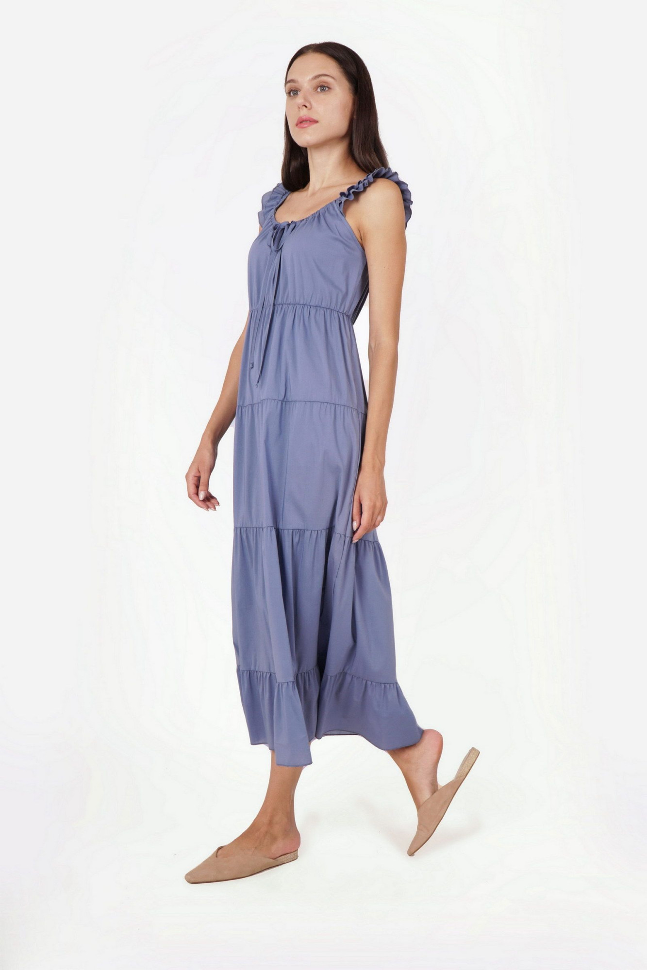 Літня бавовняна сукня міді синя з відкритими плечами Едрік